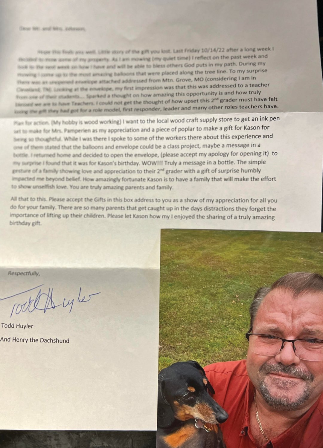 A letter and photo from Todd Huyler.